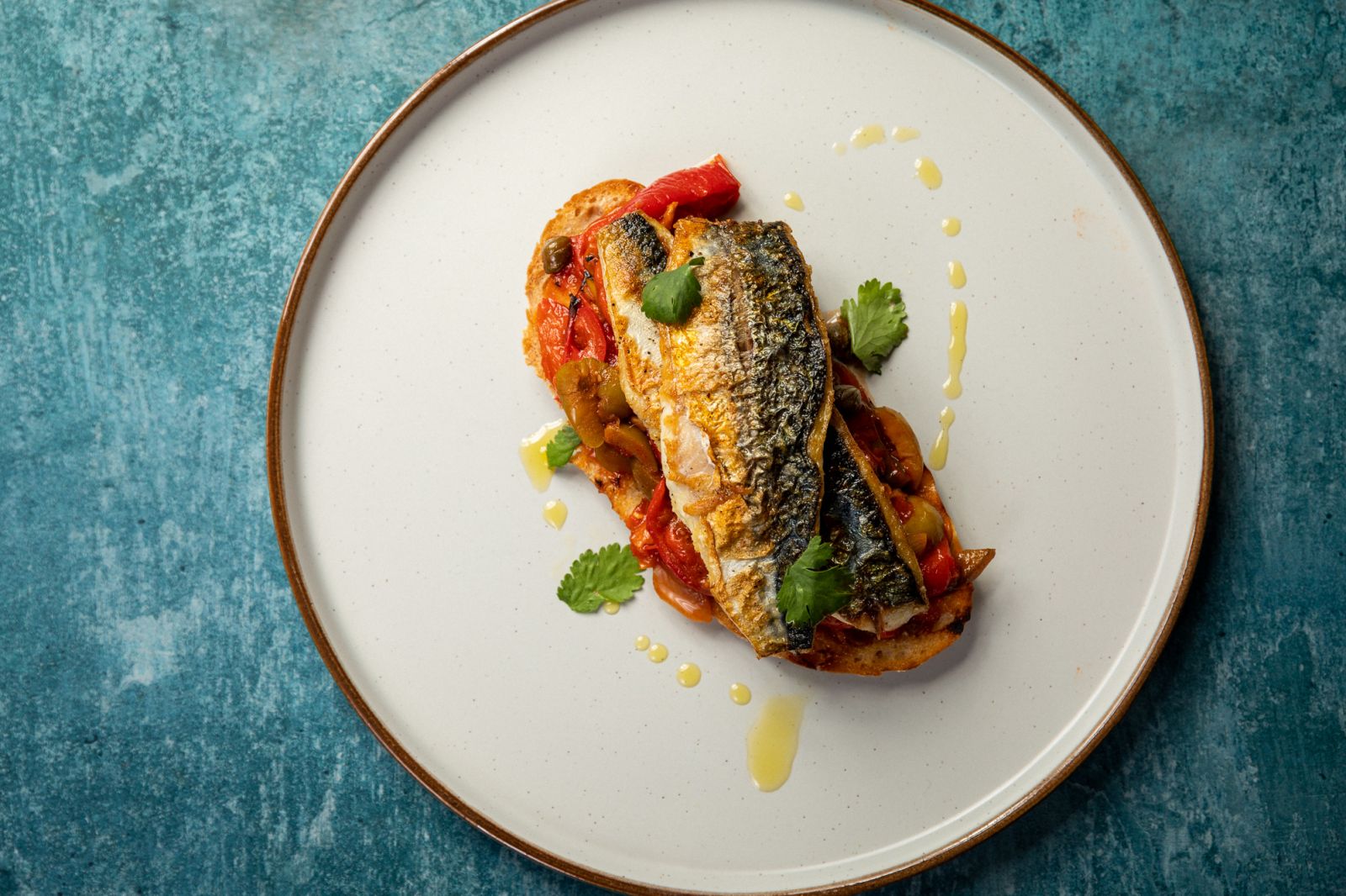 Pan fried mackerel with pepperonata, Photo by Mike Searle